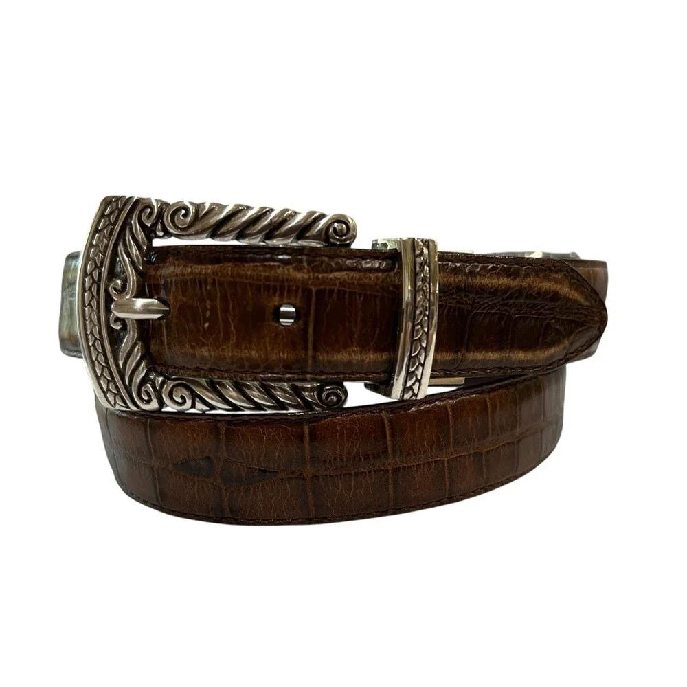 Brighton Vintage Reversible Smooth Brown / Croc Brown Leather Belt Silver Buckle
